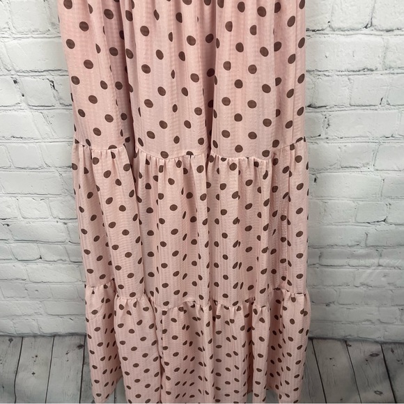 LULUS Love You Tier-ly Tiered Midi Blush Pink Brown Polka Dot Midi Dress size S - Picture 5 of 8